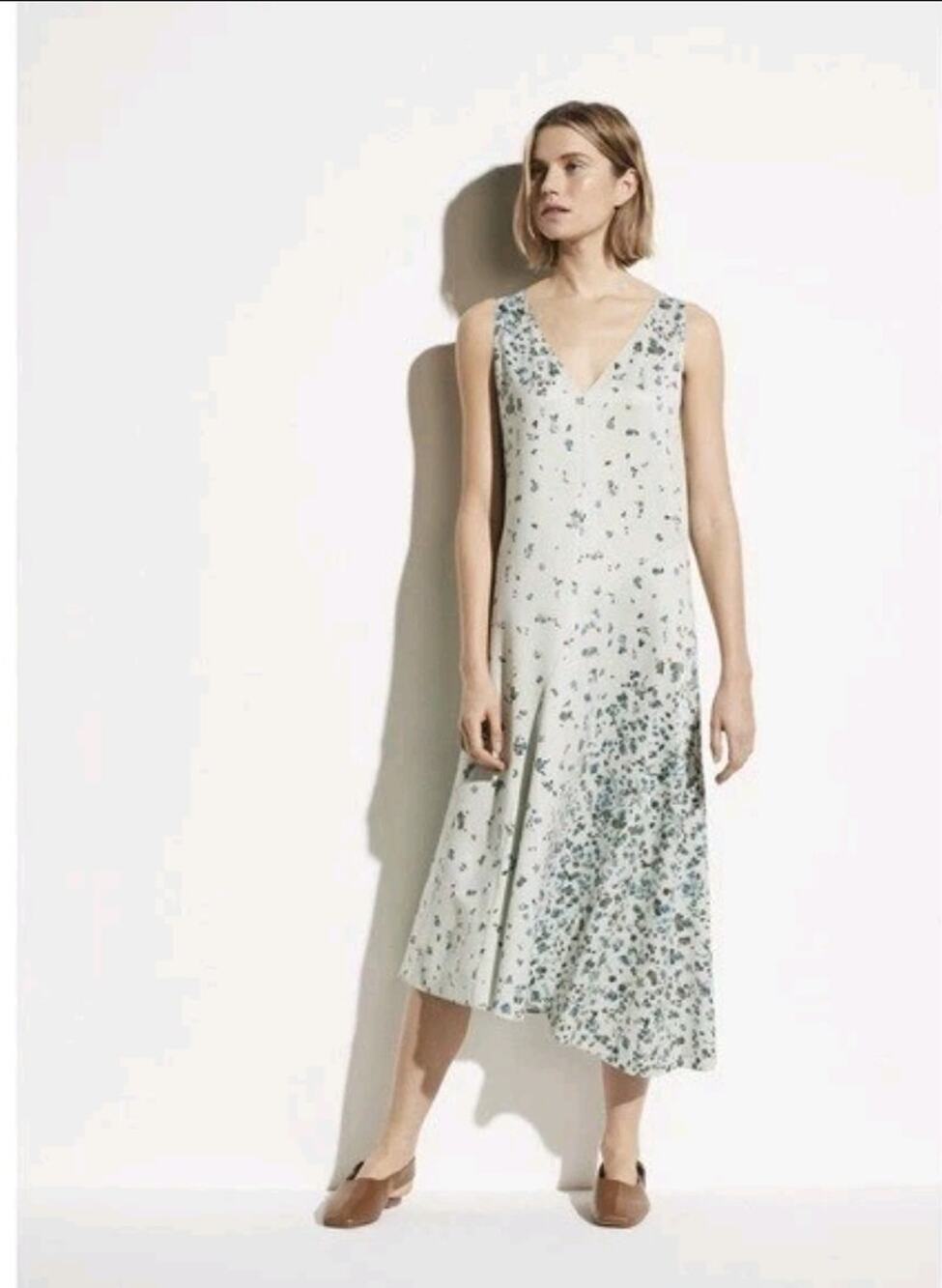 Vince Floral Satin Midi V Neck Sleeveless Asymmetrical Shift Dress in Aloe XXS